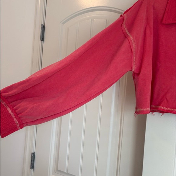 POL Cropped Button Polo Top in Coral Red - Picture 2 of 3